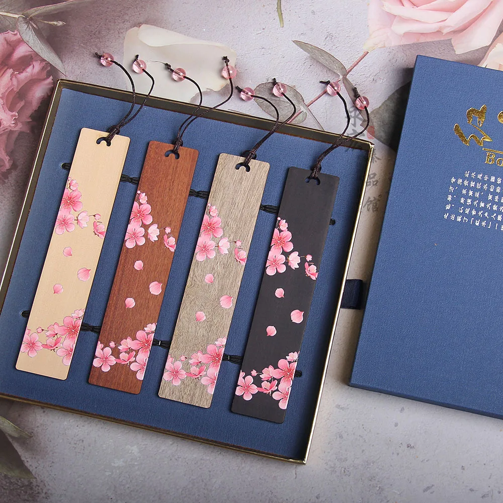 Colorful Cherry Blossoms, Sandalwood, Cherry Blossoms, Four-color Cherry Blossom Bookmarks, Student Supplies