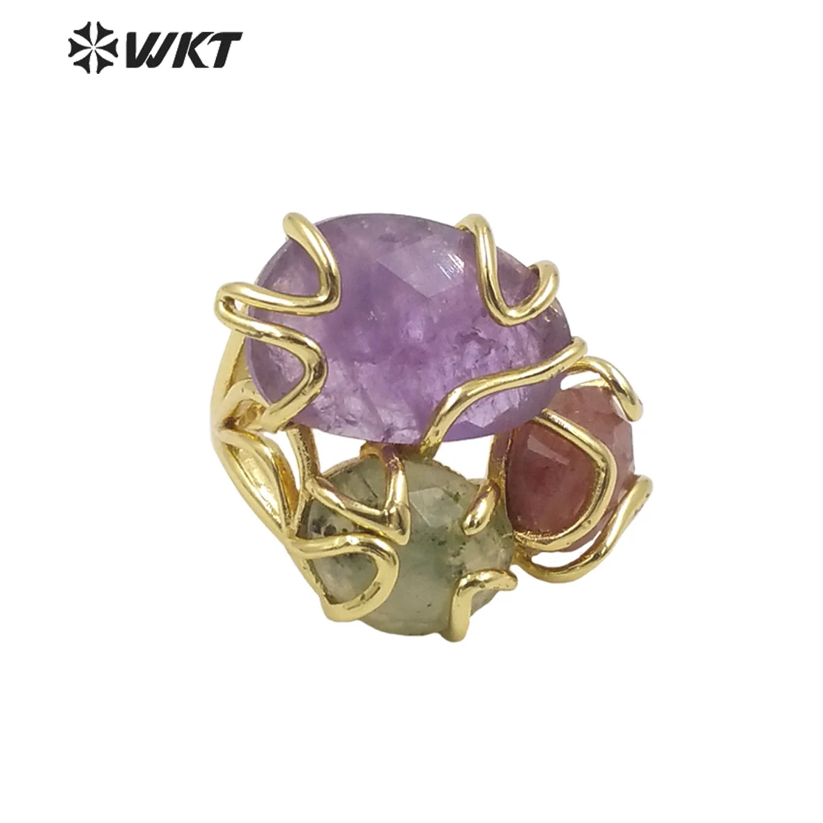 

WT-R417 WKT New Design Gorgeous Triple Natural Gemstone Claw Setting Stone Ring Women Adjustable Precious Colorful Gold ACC