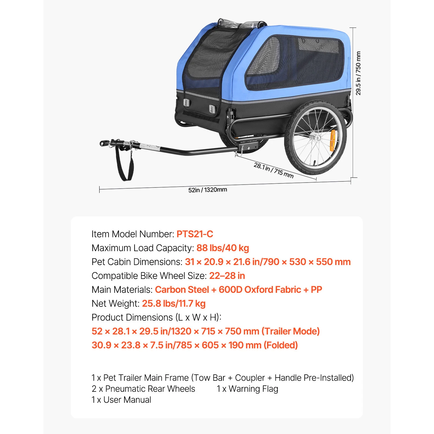 SucceBuy 66/88 lbs Hondenfietskar met eenvoudig opklapbaar frame, hondenwagen, fietsdrager met koppeling & reflector voor kleine & middelgrote honden