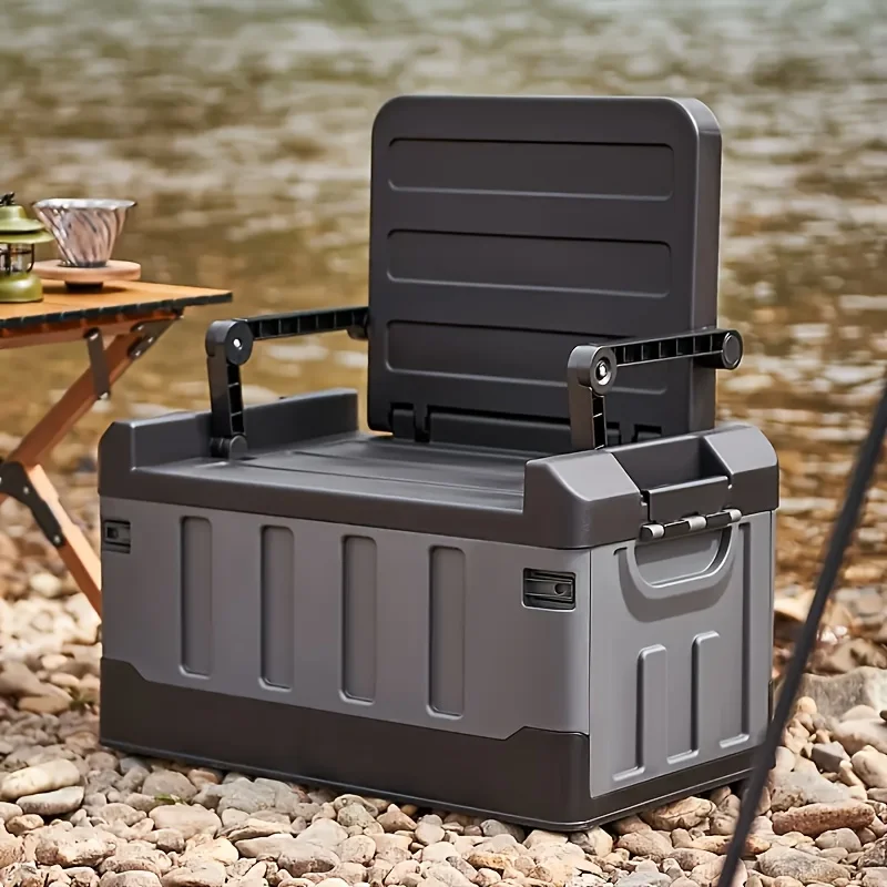 

2-in-1 Large Capacity Folding Storage Box & Fishing Stool with Comfortable Backrest, Portable Organizer for Car Trunk, Outdoor Camping, Beach, Home Use, Box,Cabinet,Rack for Outdoor Storage
