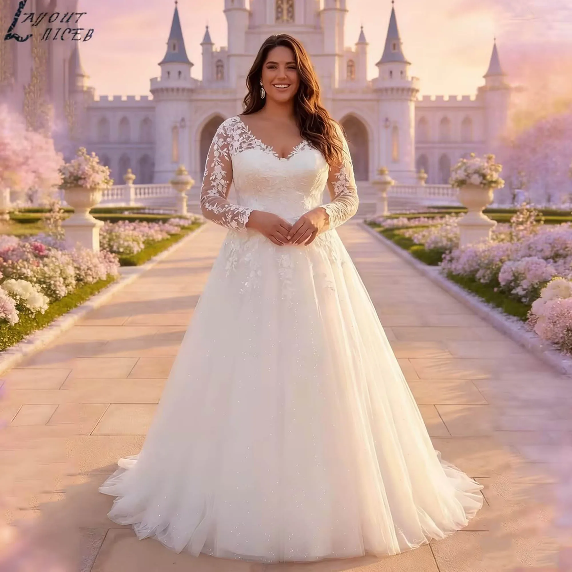 

Princess Tulle Appliques Women Wedding Dresses Long Sleeves A-line V-neck Plus Size Bride Gowns 2026 vestido de novia Customized