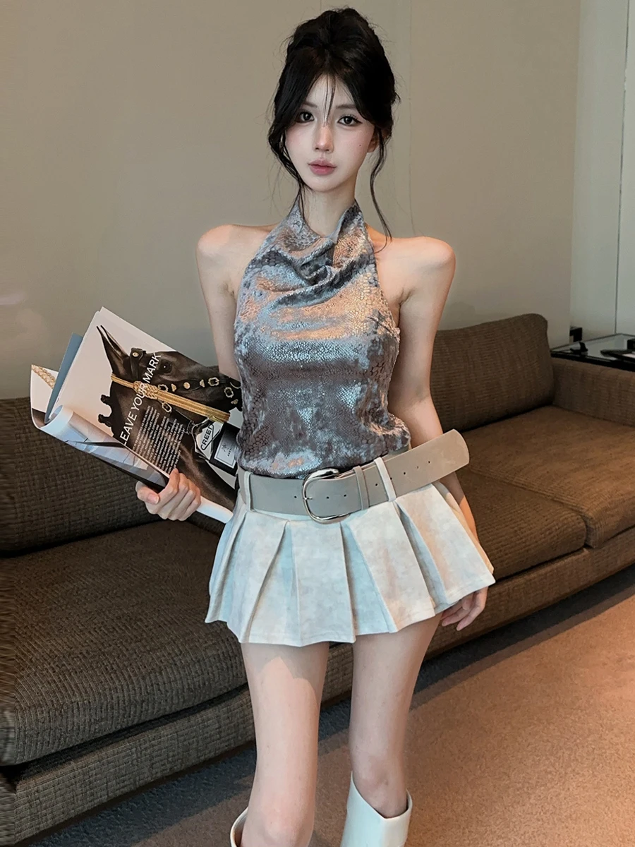 Sexy Glowing Silver Women's Crop Top Halter Neck Vest Show off Clavicle Waist-Cinching Outerwear Or Underwear Breathable Poly...