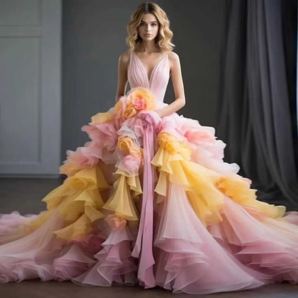 Fairy Ruffled Flower Ball Gown Prom Dresses Multi-colors Tiered Organza Formal Gown Colorful Bridal Wedding Party Dress Custom