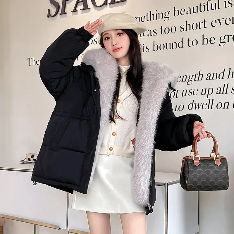 Fashion Rabbit Fur Collar Hooded Cotton Jacket For Women New With Plush and Thicken Hooded Winter Coat Female Warm Parka Coats
