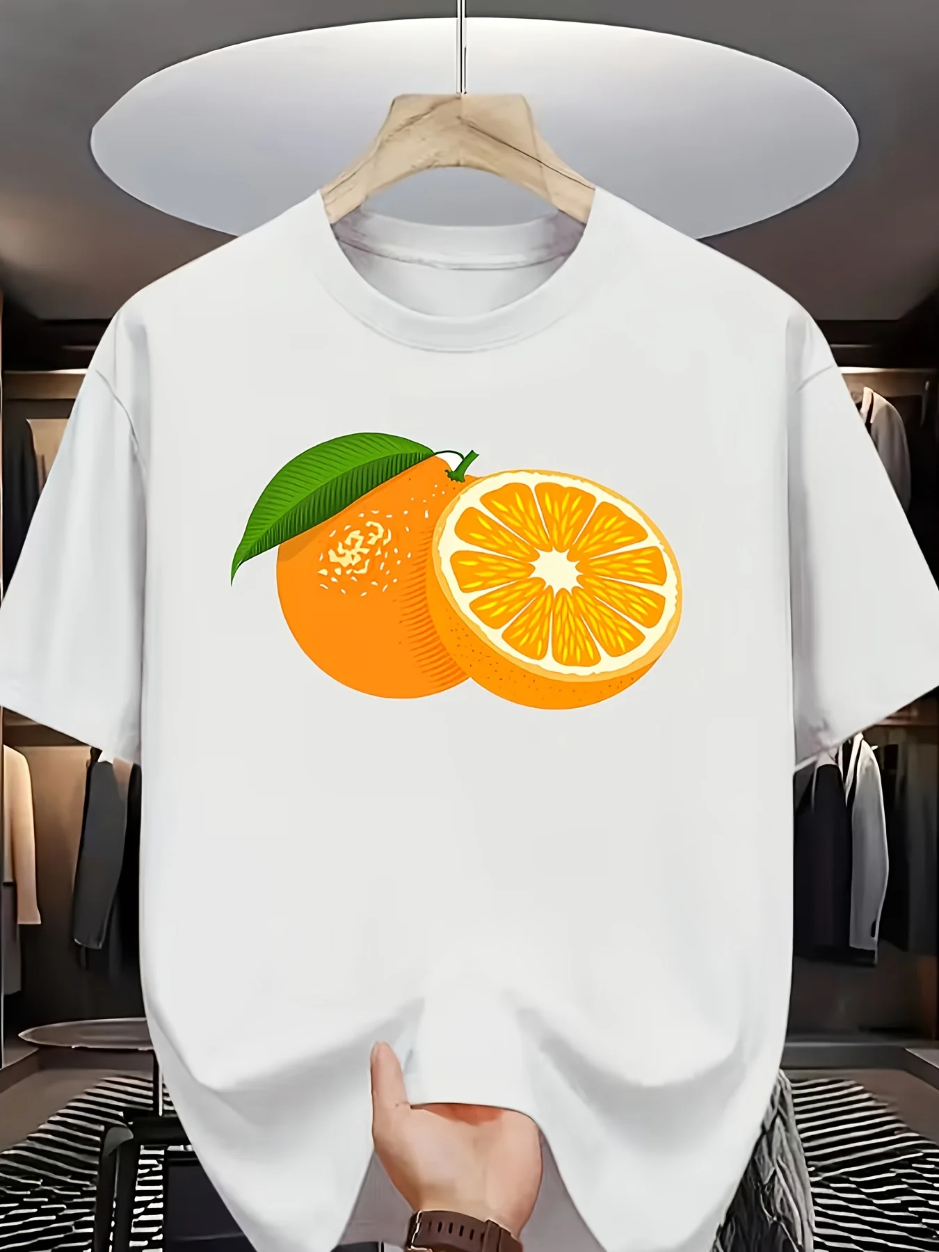 Realistic Orange & Fruit Slice Print T-Shirt - Casual Short Sleeve Round Neck Summer Top with Full-Fruit Front Design, Machine Washable for Fresh Produce-Themed Outfits (Style: Fruit on Shirt)