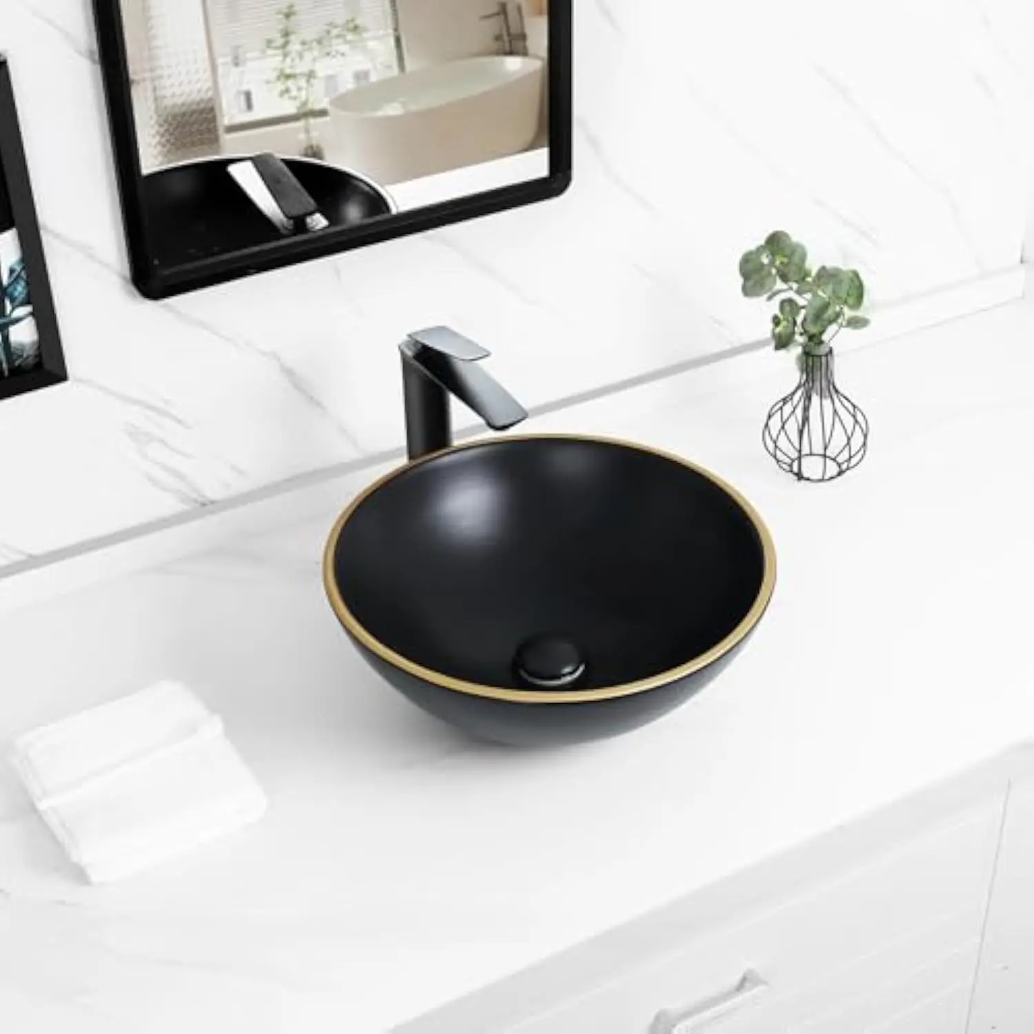 

Round Vessel Sink,17'' x 17'' Round Bathroom Vessel Sink, Modern Above Counter Black Porcelain Ceramic Vessel Bathroom Sink wi