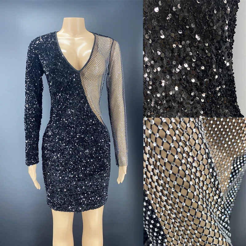 

Flashing Black Sequins Mesh Dress Sexy Rhinestones Dress Women Birthday Celebrate Costume Evening Dress Stage Outfit XS3038