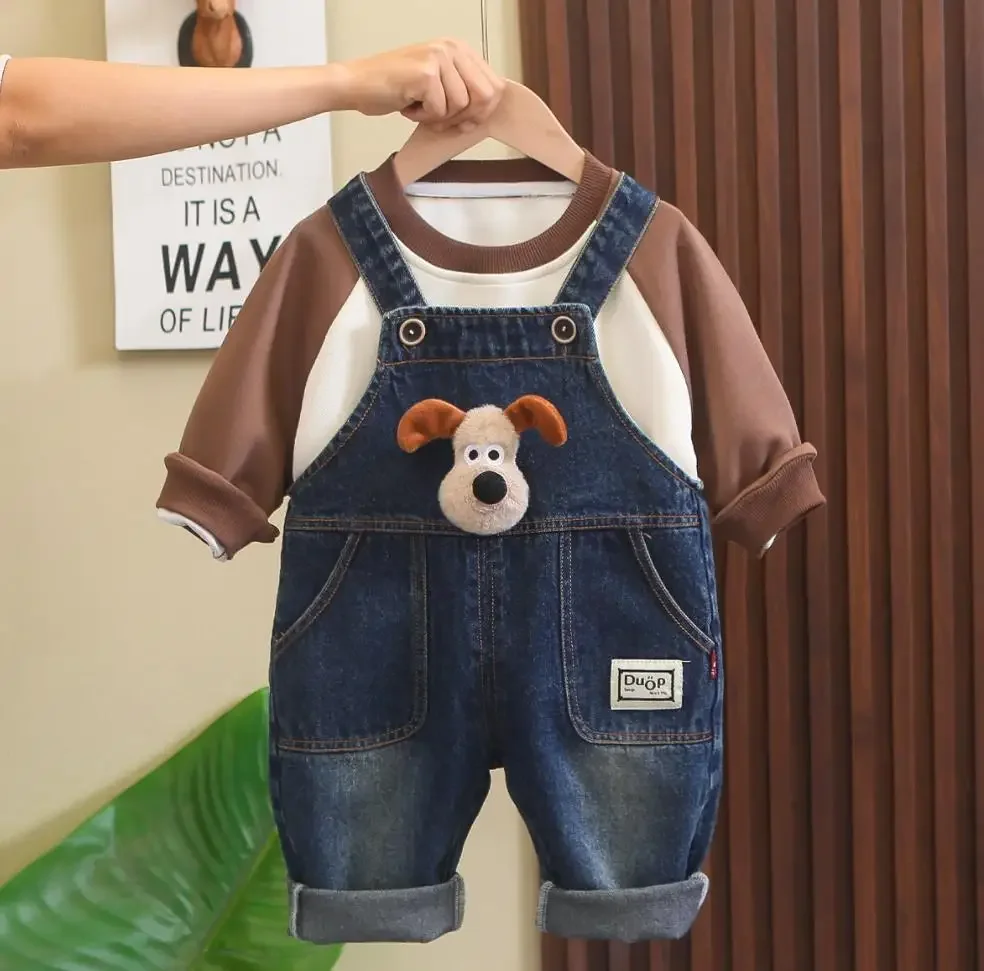 Ensembles de t-shirts à manches longues et salopettes en jean pour tout-petits, tenues de boutique pour enfants, vêtements pour bébés garçons, 6 à 12 mois