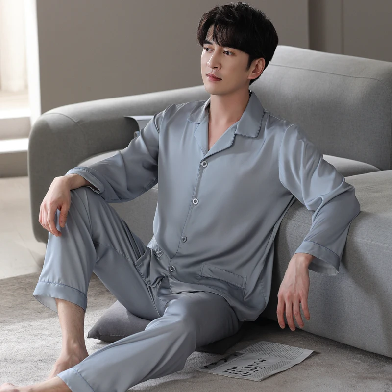 Spring and Autumn Men's Pajamas Long Sleeves Ice Silk Summer Thin Simulation Silk Grey Dad Cardigan Lapel Silk Loungewear Set