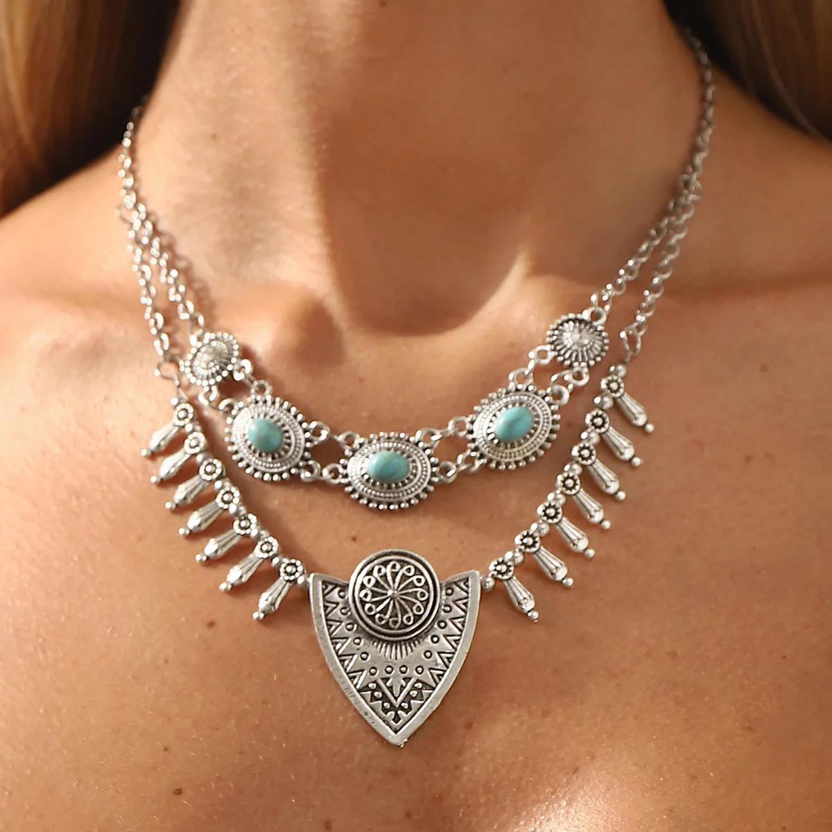 Vintage Ethnic Geometric Turquoise Necklace, Personalized Distressed Fringe Metal Layered Collarbone Chain Jewelry