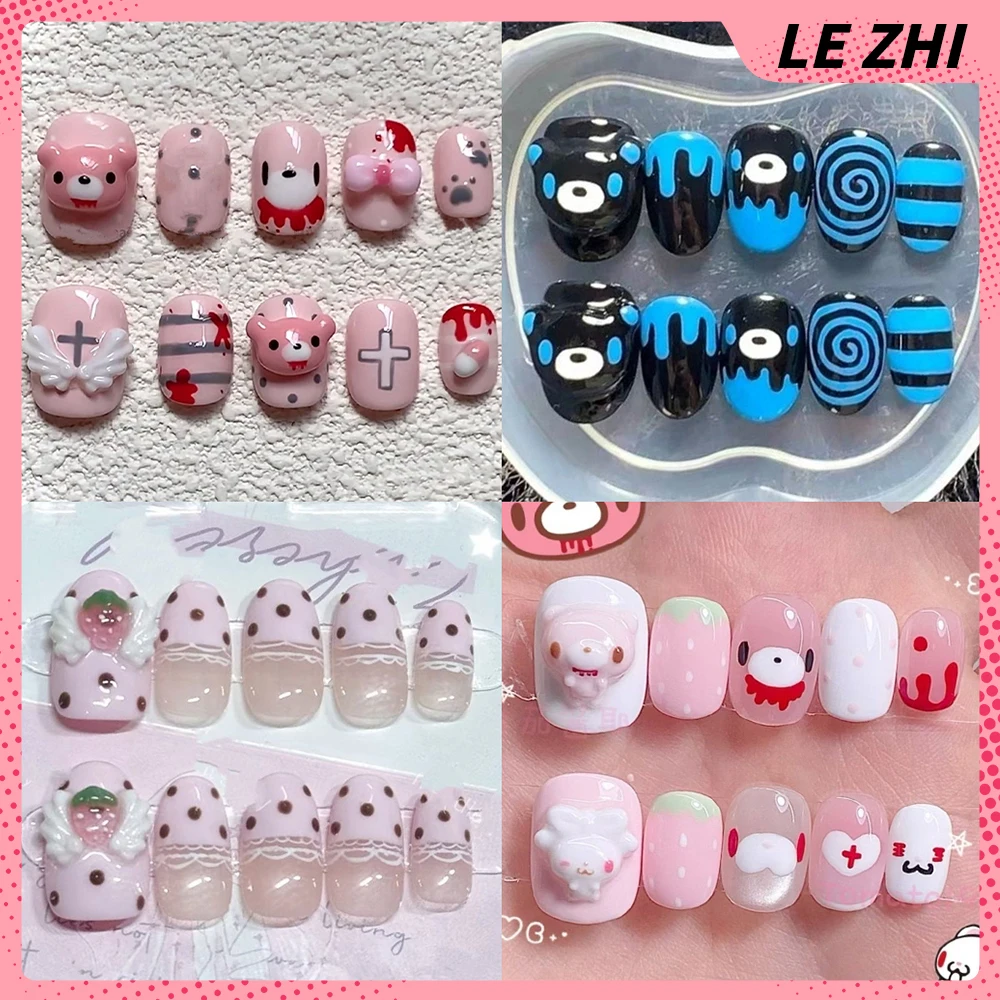

Cartoon Anime Rilakkuma Rabbit Cat Handmade Almond Ellipse Press On Nails Flowers Bowknot Chocolate Wings Polka Point Fake Nails
