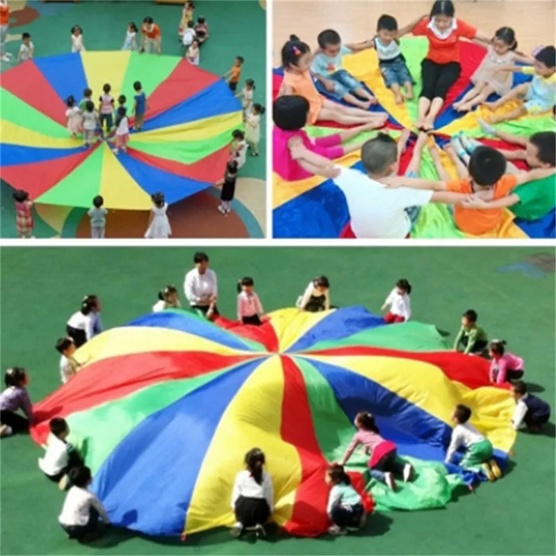 Juego de trabajo en equipo al aire libre para niños de 2M/6M de diámetro, juguetes de paracaídas de arcoíris, bolsa de salto, tapete de juego de rebote, juego de rompecabezas de actividades escolares