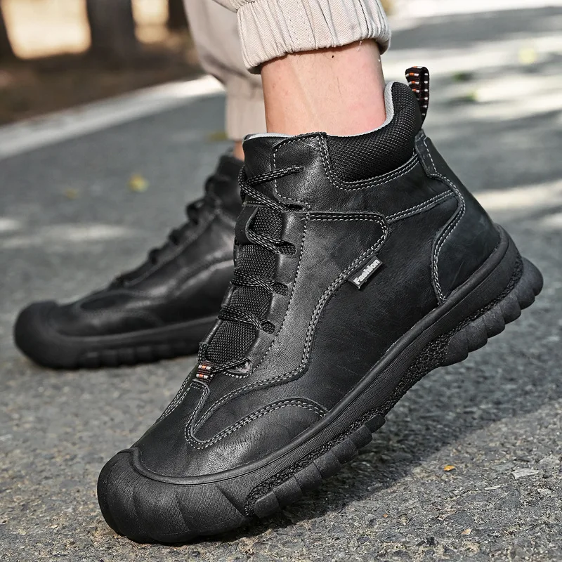 High quality high tops genuine leather boots for men new 2023 autumn winter size 45 46 plush warm walking shoe - black brown