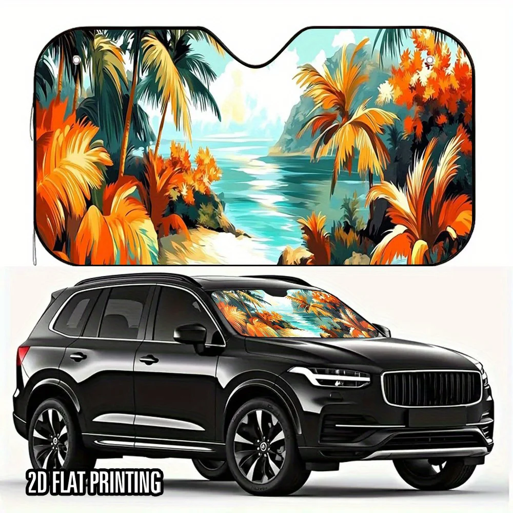 

1 шт. 2D плоская солнцезащитная шторка для автомобиля «Тропический рай» с 4 присосками – яркий дизайн с пальмами и океаном, сохраняет прохладу в салоне автомобиля, складная.