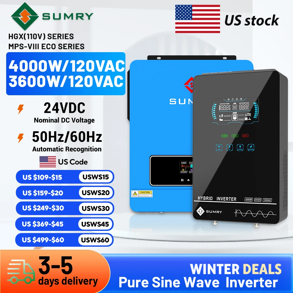 

Sumry 3600 Вт/4000 Вт гибридный солнечный инвертор 24 В 110/120 В чистый синусоидальный инвертор 50/60 Гц защита от короткого замыкания