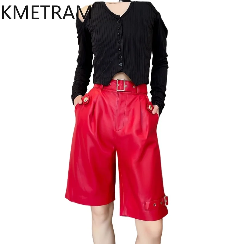 

KMETRAM 100% Top Layer of Sheepskin Women Pants Autumn 2025 Genuine Leather High Quality Knee-length Shorts Woman Clothing штаны