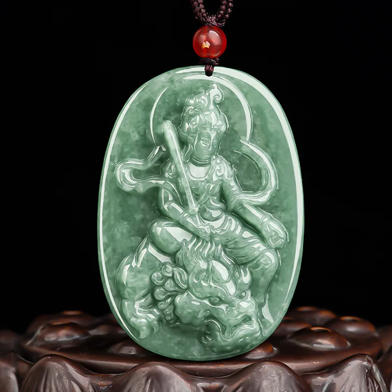

Myanmar Emerald Natural Pea Green Jade Bodhisattva Manjusri Pendant Necklace Carved Charm Jewelry Fashion Amulet Certificate