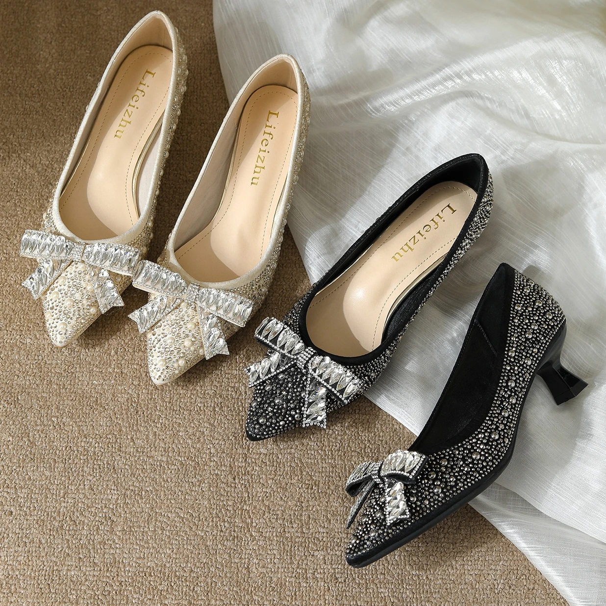 

2026 New Shoes for Women Luxury Pumps Girl Crystal Bowknot Casual High Heels Shoes Beautiful Party Dress Shoes