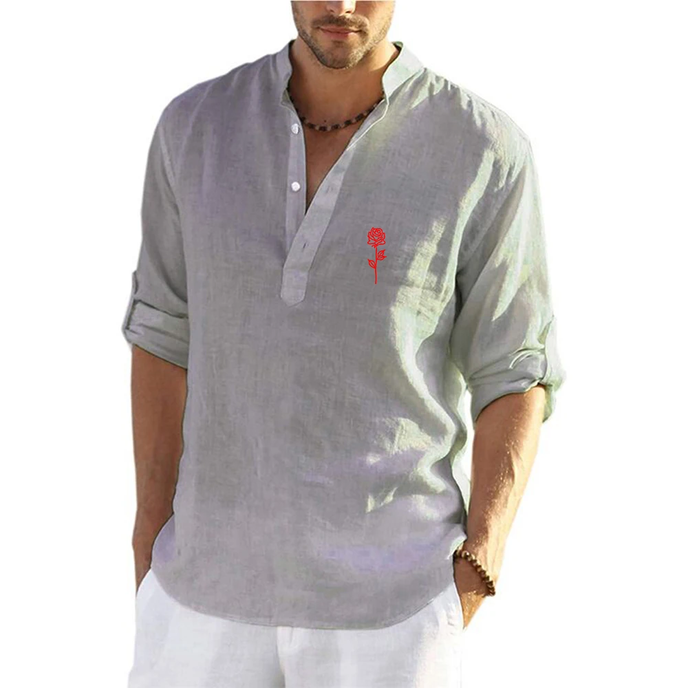 2026 Beautiful Rose Pattern Logo Print Men's Cotton Linen Shirts Beach Tops Shirt Pull on Male Loose Casual Long Sleeve Top view 4
