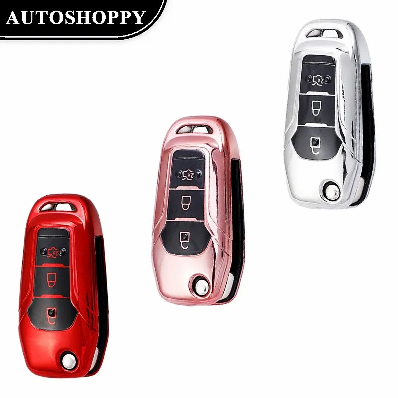 

For Ford Fusion Fiesta Escort Mondeo Everest Ranger S-Max Kuga 2 TPU Car Folding Key Case Shell Bag Cover Keychain Key Protector