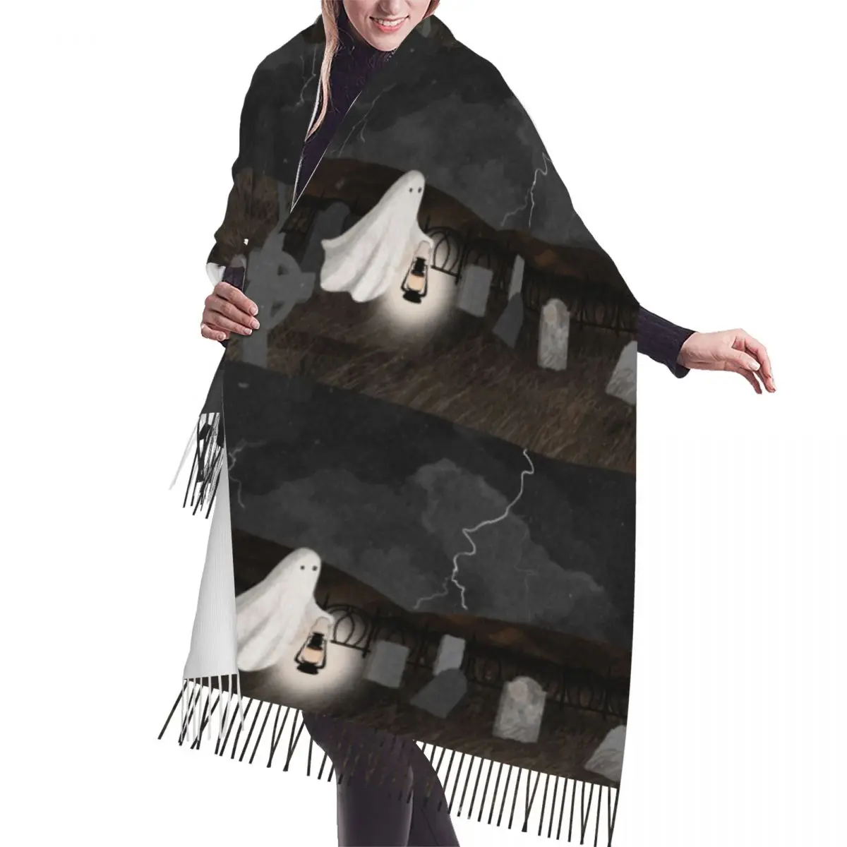 

Custom The Graveyard Scarf Wrap Women Long Winter Fall Warm Tassel Shawl Unisex Halloween Horror Ghost Scarves