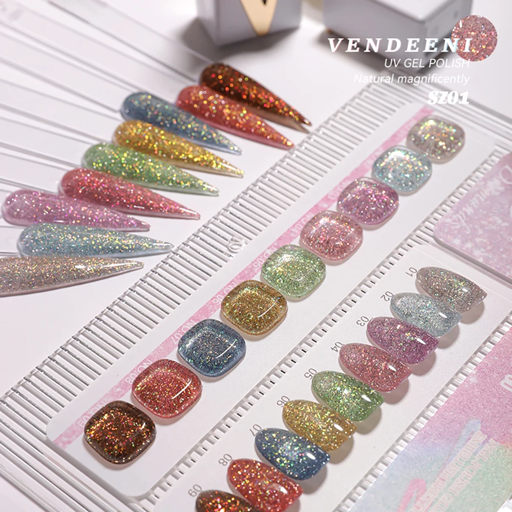Vendeeni 9 Farben/Set Regenbogen Glitzer Gebrochener Diamant Gel Nagellack UV LED Aushärtbarer Gel-Lack Flash Nail Art Gel mit Display – Detail 17