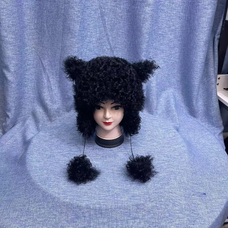 Warm Winter Animal Cartoon  Hat  Curly Wool Genuine Leather New Style for Men And Women Cozy Real Fur Cap for Cold Weather