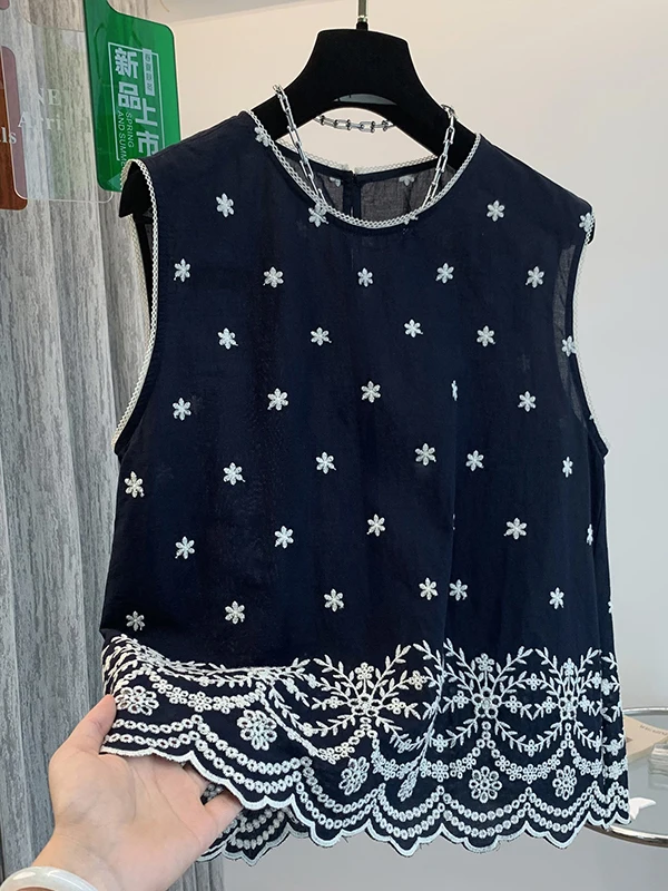 

Retro Embroidered Heavy Work Sleeveless Vest Loose round Neck Top for plus Size Women Summer Casual Cotton Blend Fashion