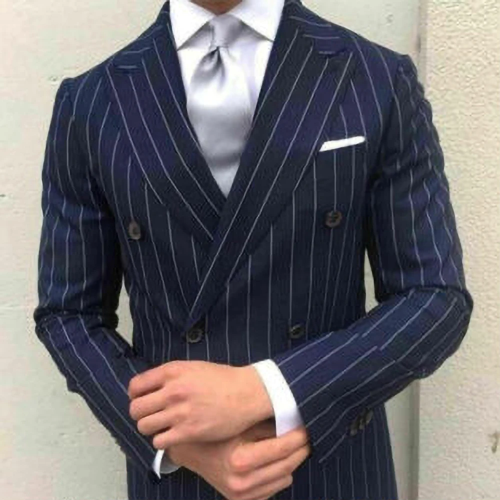 Fashion Vertical Stripes Male Blazer Peak Lapel Double Breasted Men\'s Jacket 1 Piece Business Casual Wedding Tuxedo Chic Blazer