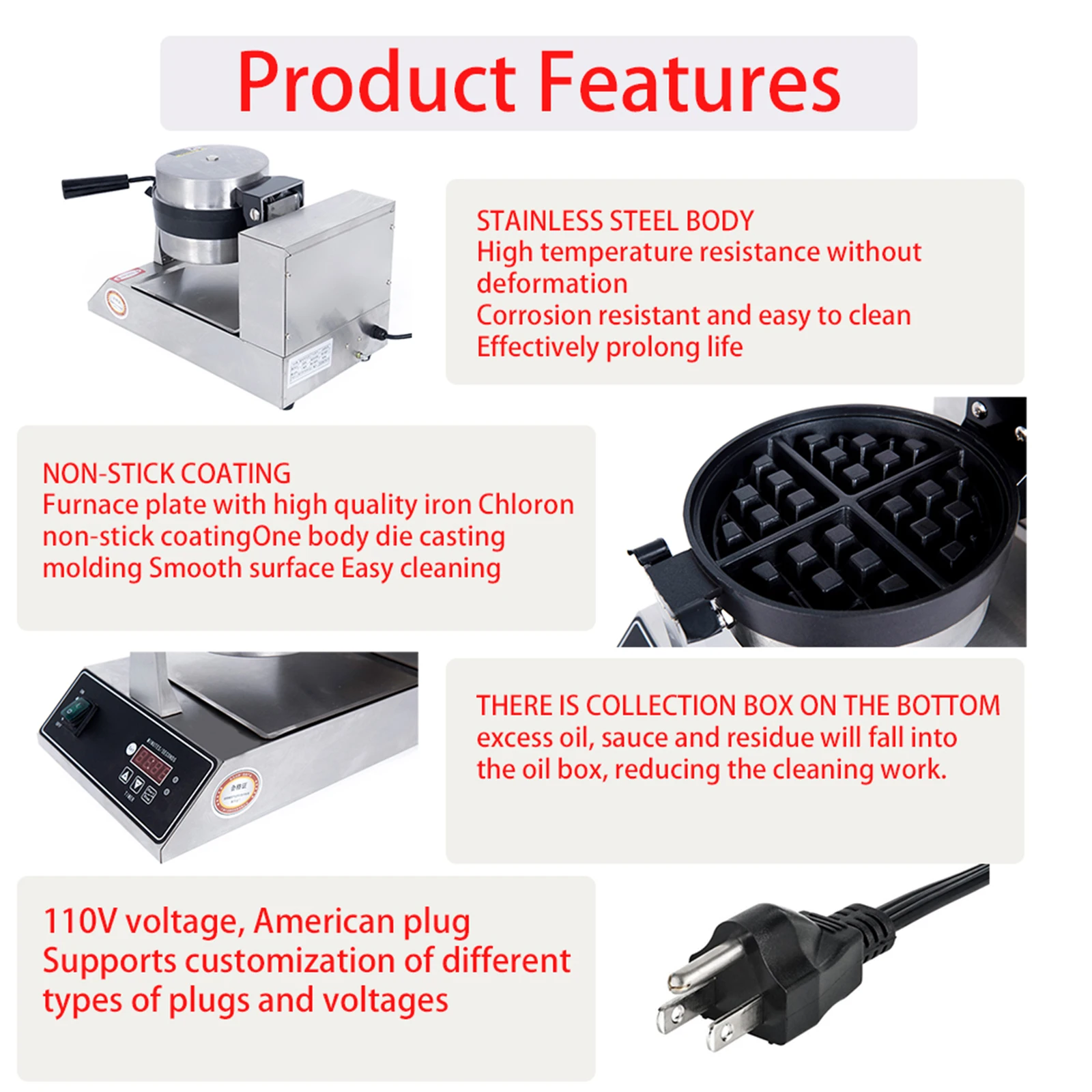 Commercial Belgium Waffle Maker,Round Waffles Iron Machine, Professional Intelligent, 110V 220V Digital, Non Stick, Stainless