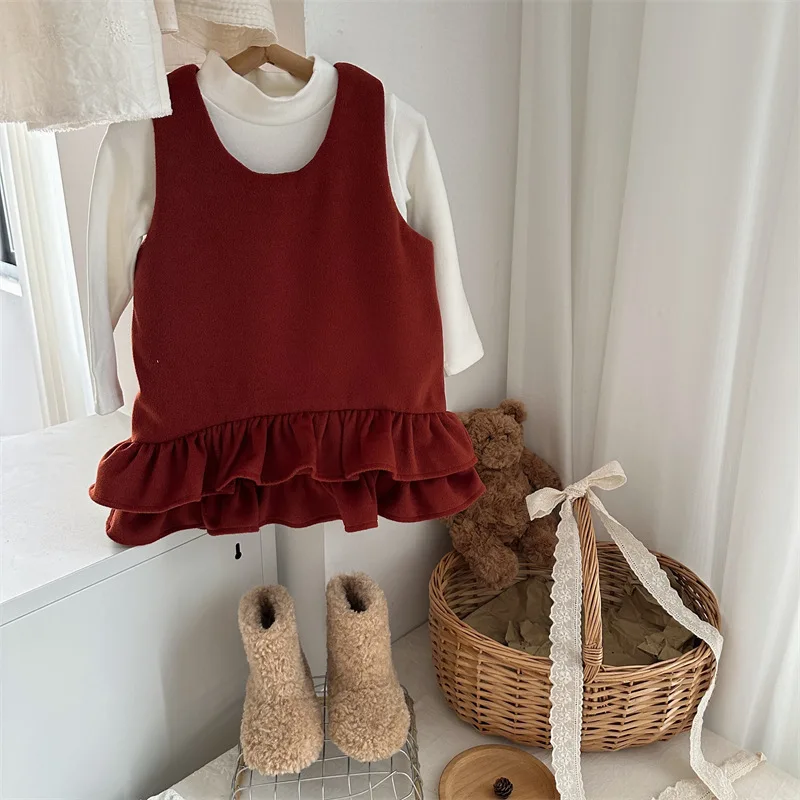 Baby Girls Dress Fashion Quilted Thicken Flounced Sleeveless Dress 2024 Winter  New Style Childrens Dress