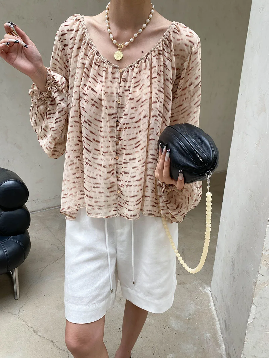 Sommerliches Damen-Shirt mit lässigem Muster, V-Ausschnitt, lockerer und atmungsaktiver Laternenärmel – Detail 14