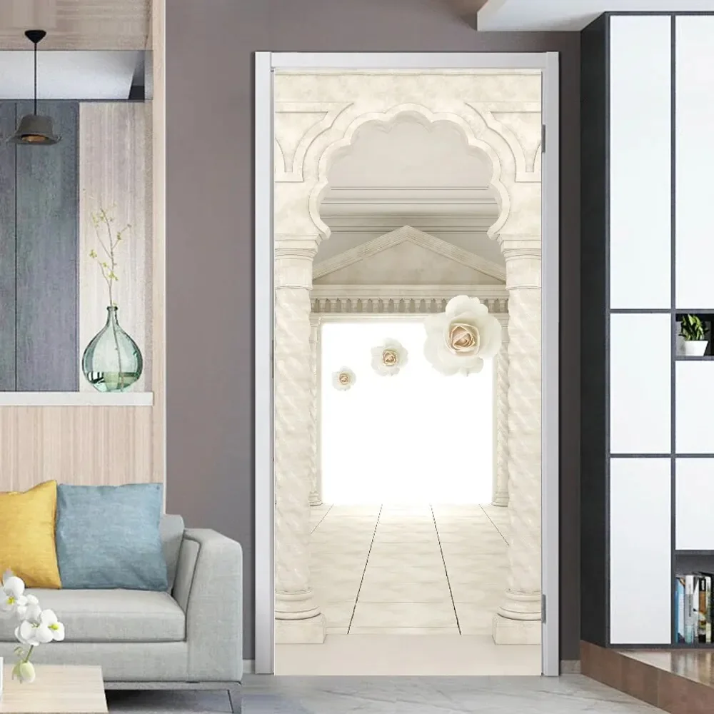 Fashion White Realistic 3D Door Stickers Self Adhesive Geometric Line Toilet Bathroom Door Wrap Mural Wallpaper Renovation Decor