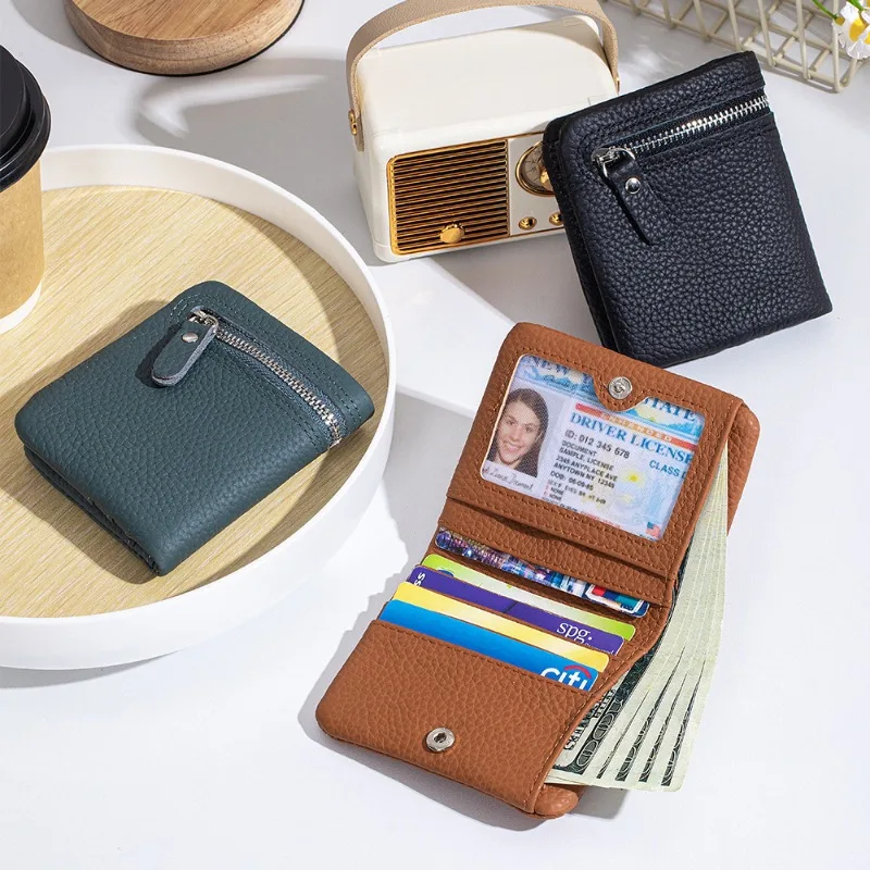 Pebbled Genuine Leather Bifold Wallet for Women & Men, Short Snap Closure Purse with Zipper Coin Pocket & ID Window Small Wallet