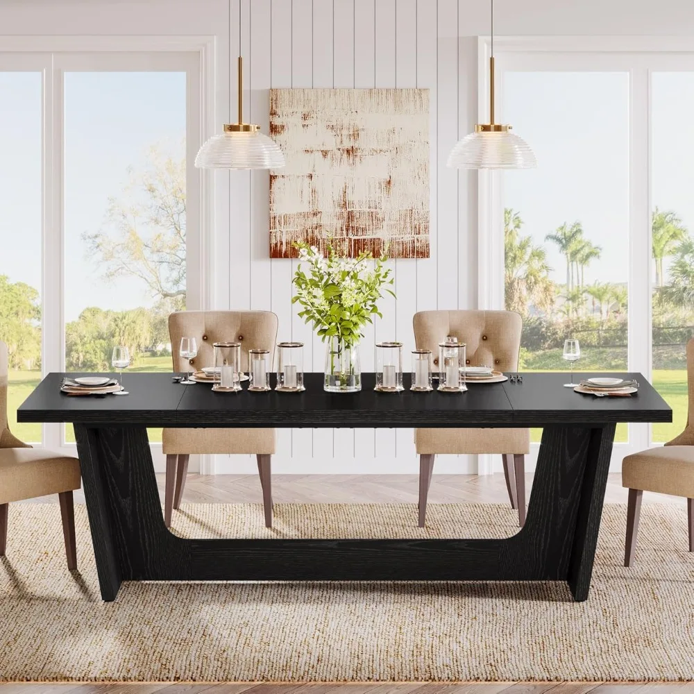 

70.87-Inch Dining Room Table: Wood Large Dining Table for 6-8 People, Rectangular Farmhouse Kitchen Table with Solid Pedestal, R