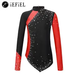 Kids Girls Rhinestone Ballet Dance Gymnastics Leotard Bodysuit Long Sleeve Figure Skating Stage Performance Costume Dancewear