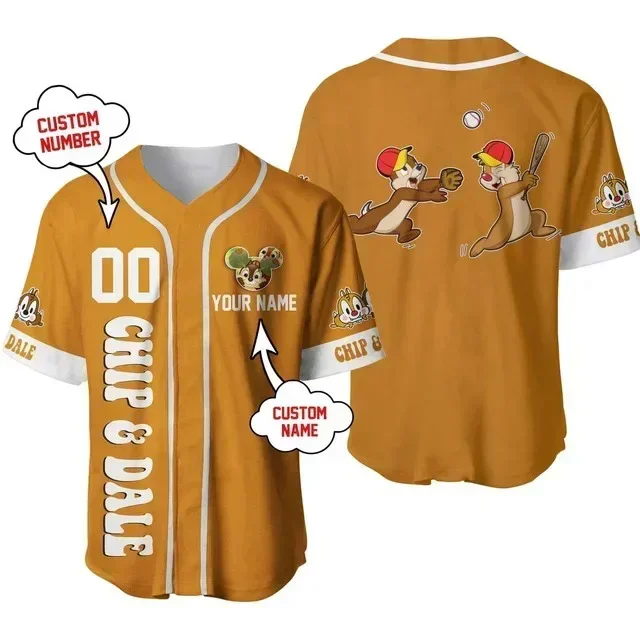 Summer Chip and Dale Striped Brown Baseball Jersey Disney Baseball Jersey Pattern T Shirt Adults Kids Fashion Short Sleeve Top