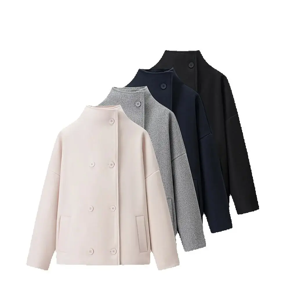 

women's woolen loose top stand collar long sleeved double breasted button pocket autumn and winter new fashionable jacket