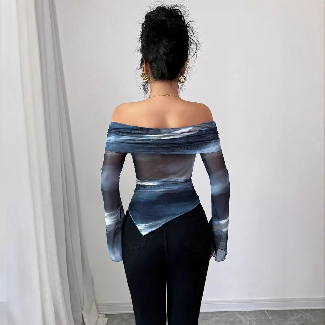 2026 New Women's Knitted Mesh Printed Off-shoulder Long Sleeve Slim Fit T-shirt Top Wedding Dress Clothes Maxi Elegant Sexy