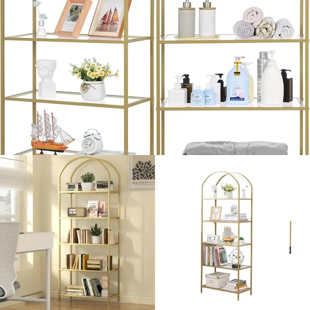 

Modern Arched Metal Bookshelf with Tempered Glass Shelves for Home, Office, and Living Spaces - Golden, 11.8x23.6x62.2