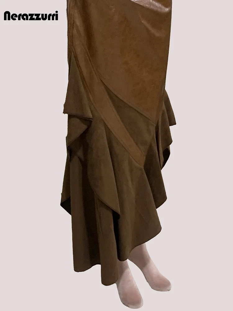Nerazzurri Autunno Lungo Maillard Marrone Patchwork Pu Pelle Midi Gonna Asimmetrica Donna Designer di Lusso Vintage Emo Vestiti