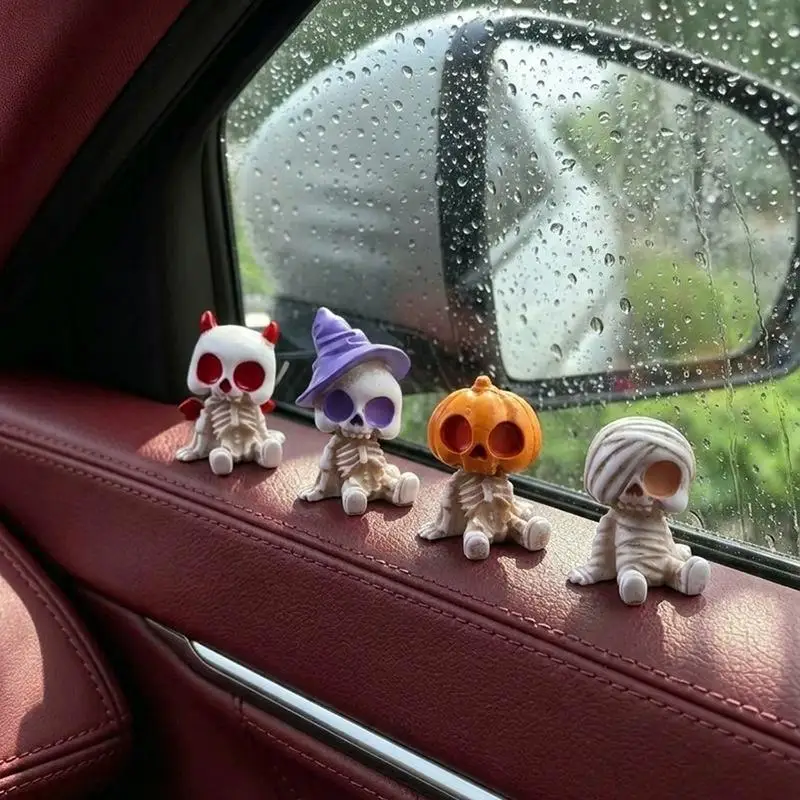 Halloween Mini Figurine Ornament Set 4Pcs Resin Spooky Pumpkin Ghost Skull for Indoor Home Holiday Decor
