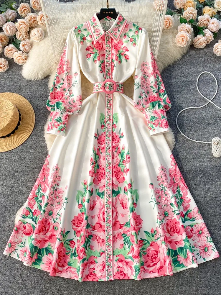 Lusumily 2024 Vintage Court Dress Women Long Elegant Floral Print Party Dresses Loose Ladies Casual Long Robe Female Vestidos