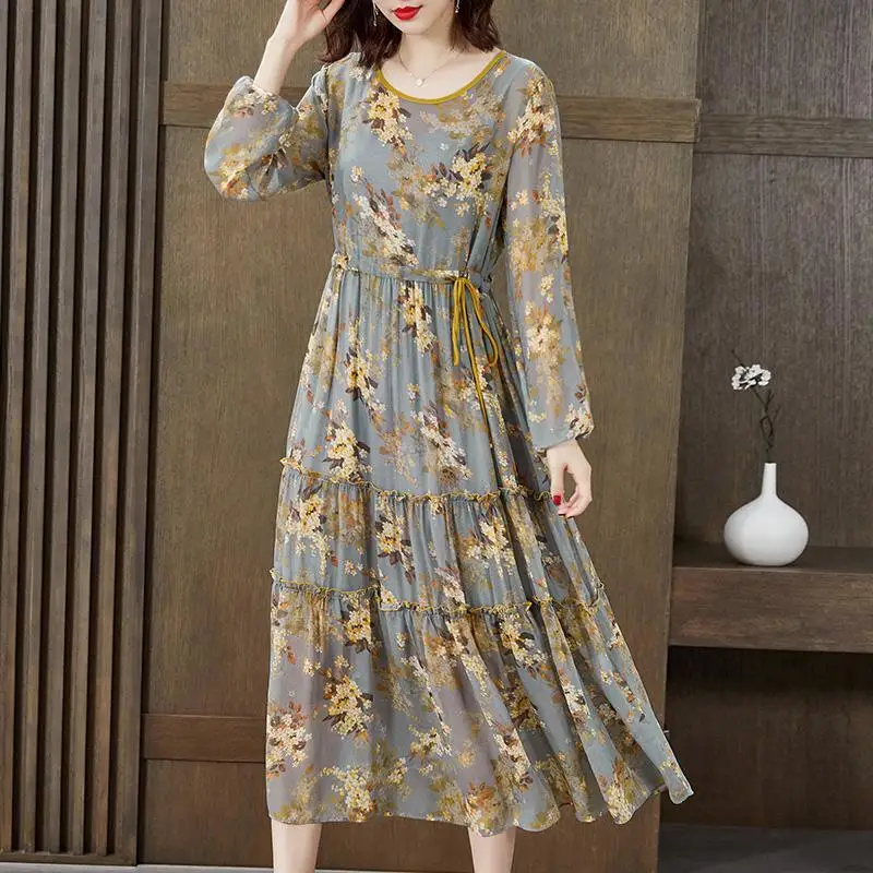 Fashion Long Sleeve O-Neck Printing Lace Up Dresses Spring Autumn Female Clothing Shirring Casual Vintage Spliced Midi Dresses