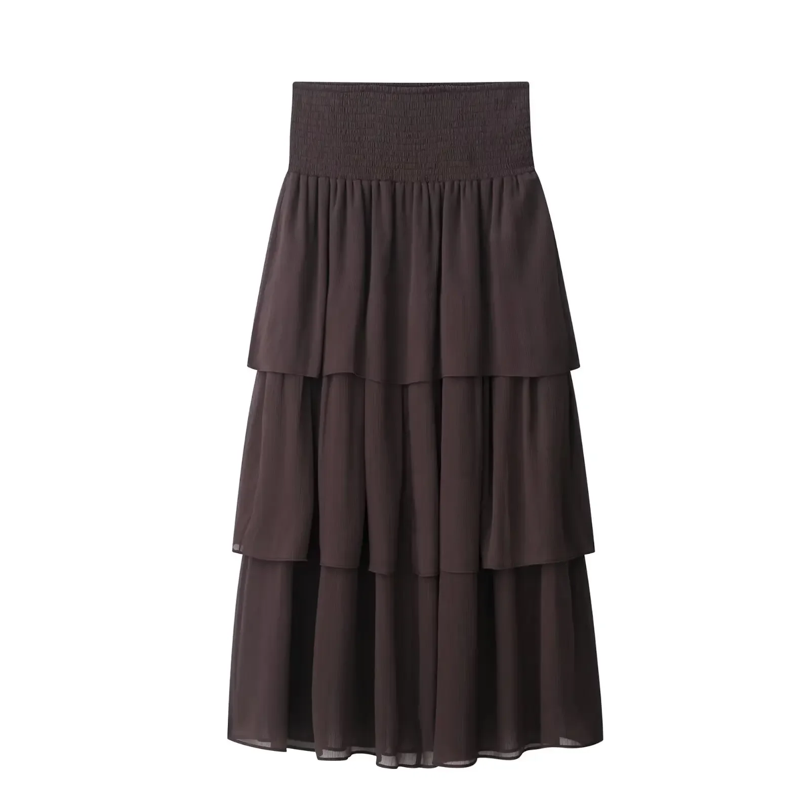 

New High Street Women Brown Ruffled Pleated Midi Skirt High Elastic Waist Female Chic Lady Long Skirts