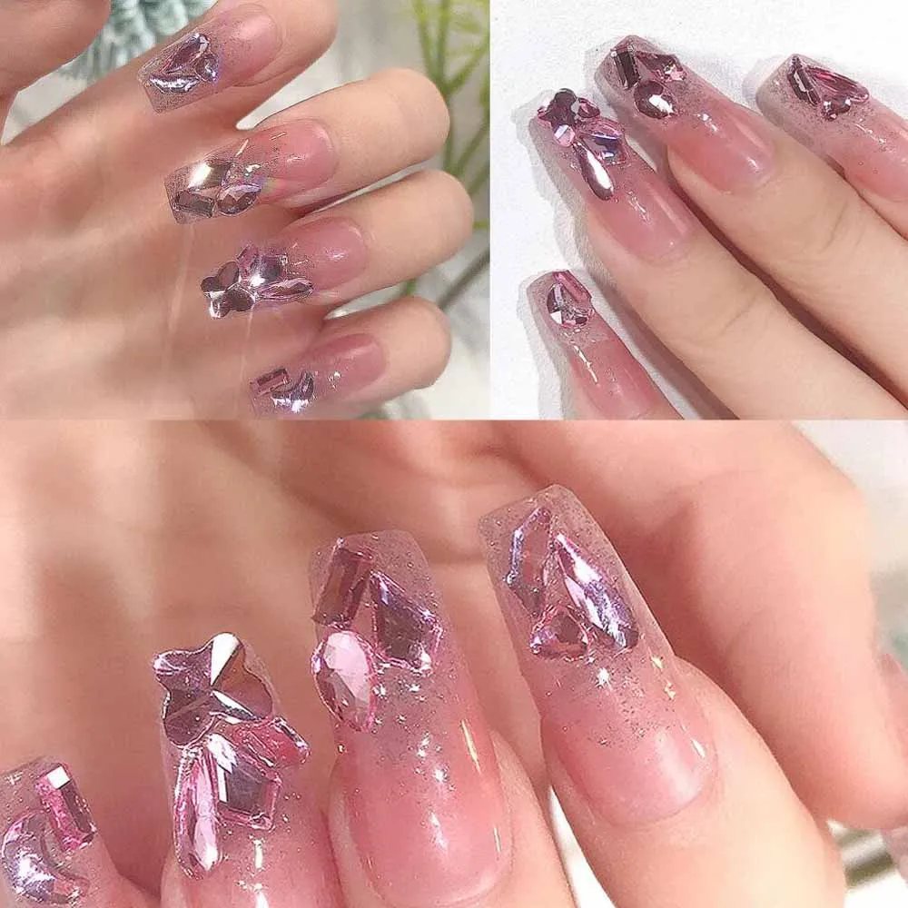 2Boxes(24grids) 3D Sakura Pink Nail Art Rhinestones Multi Shapes Flatback Diamonds Nail Charms DIY Crafts Clothes Makeup Decor