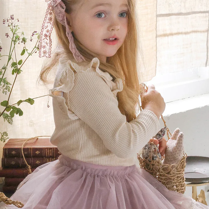 Korean Style New Spring Autumn Vintage Ruffled Long Sleeve T-Shirt Multi Color Toddler Sweet Style Casual Blouse Top
