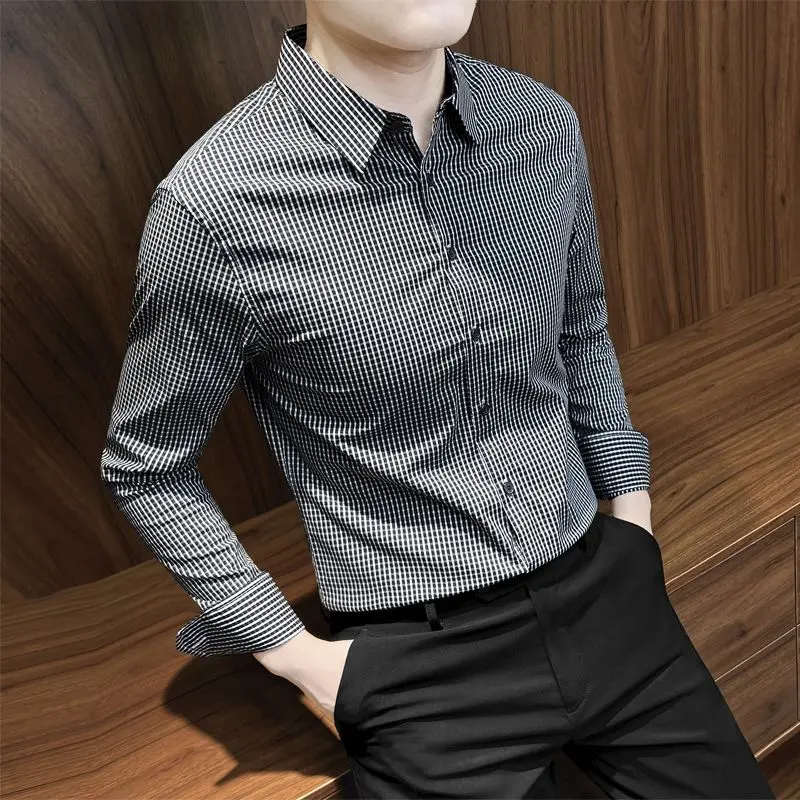 Spring Summer New Fashion Polo Collar Long Sleeved Checkered Cloth Casual Versatile Western Style Commuting Loose Men's Shirts