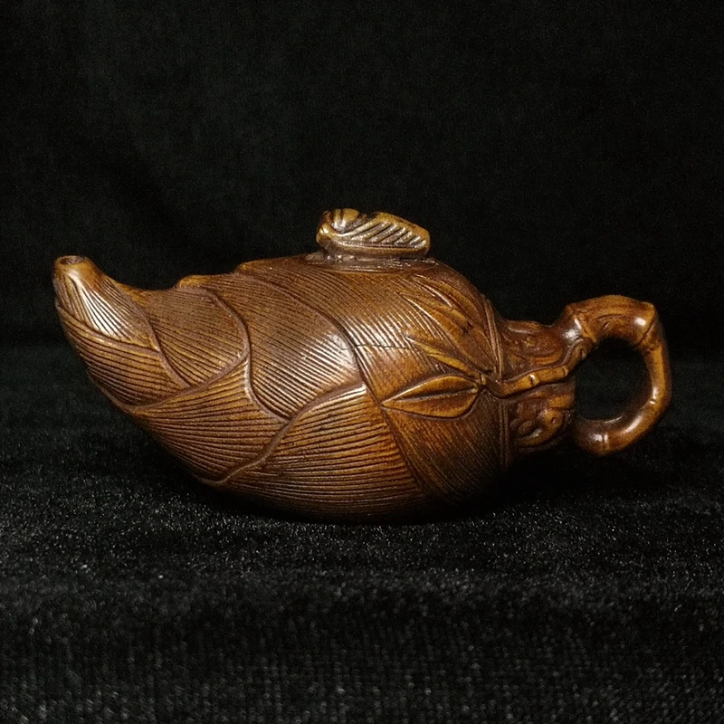 

1919 Antique art Size Old China boxwood carved bamboo shoots pot kettle shape netsuke table decoration