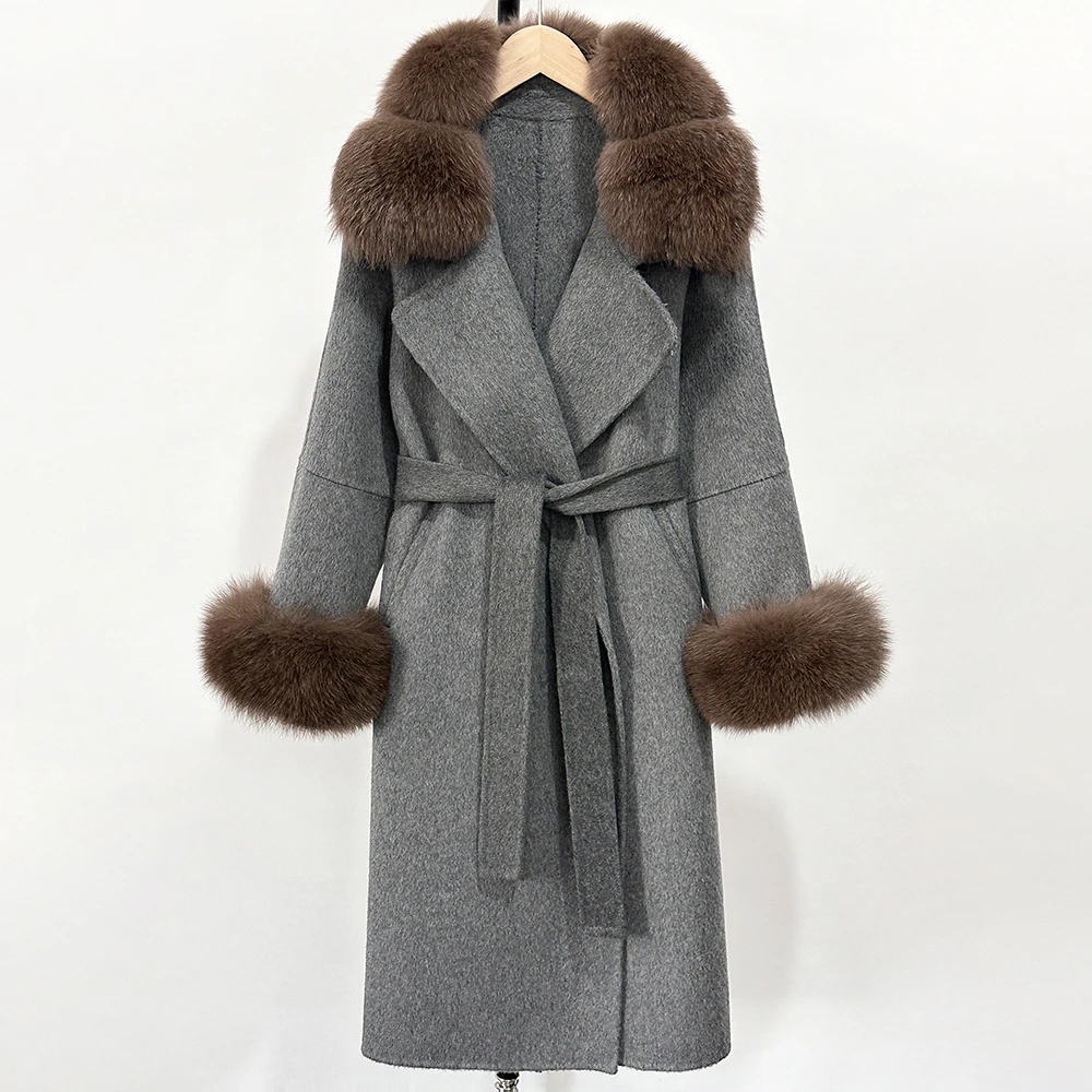 الواقع معطف الفرو الصوفية النساء الخريف الإناث سترة الفراء الحقيقي موضة جديدة الدافئة الصوف مزيج معطف الربيع طويل كبير الثعلب الفراء الأصفاد #2